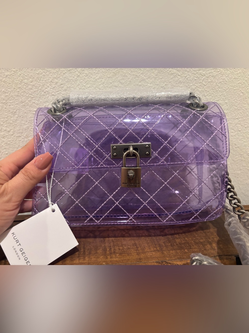 Kurt Geiger Lilac Quilted Clear Crossbody Bag with Chain Strap - Picture 2 of 5